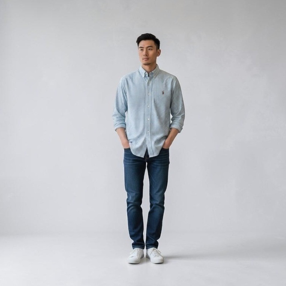 Ralph Lauren Button Down Mens L Blue Gingham Ivy League Hamptons Cotton Shirt